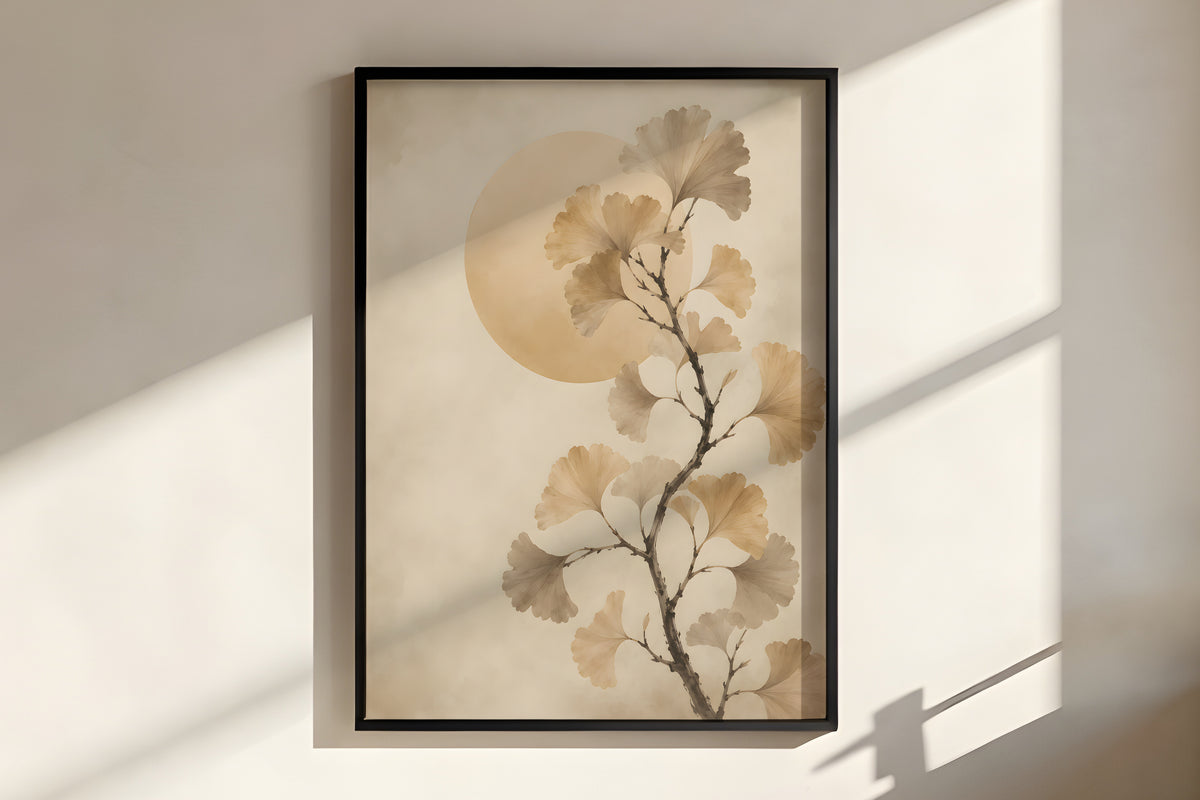 Close-up of Ivory Ginkgo Sun showing ginkgo leaf detail and warm ink-wash texture