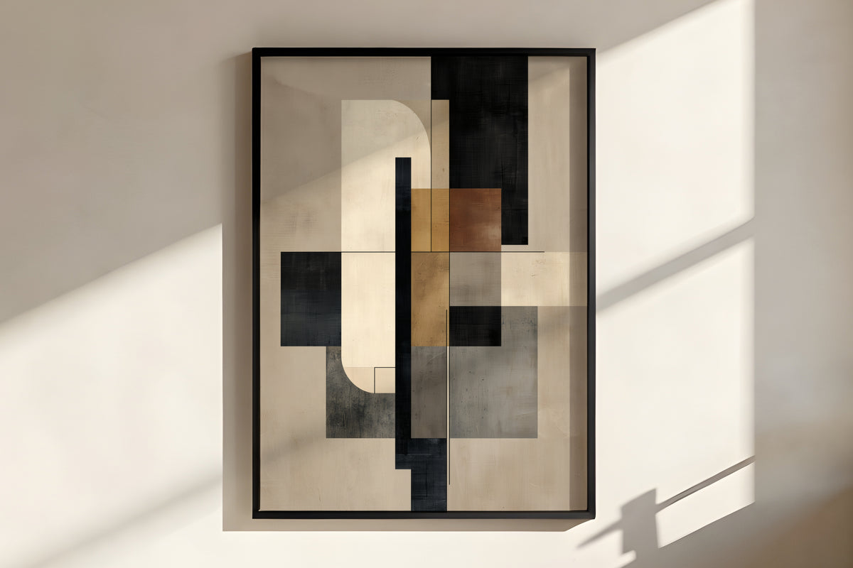 Close-up of Stone Ochre Axis showing matte painted canvas texture and layered hard-edge geometric forms