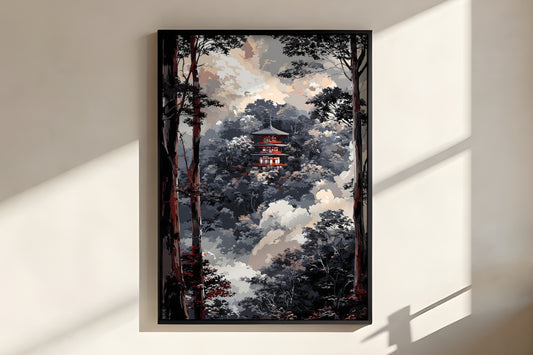Close-up of Temple Forest Passage showing pagoda architectural detail and billowing mist cloud surrounding
