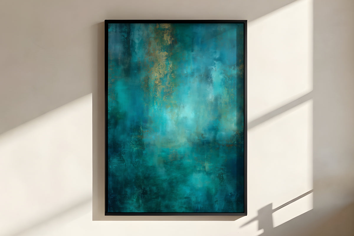 Close-up of Teal Gold Horizon showing rich layered painterly texture with warm gold passages and luminous aqua centre glow