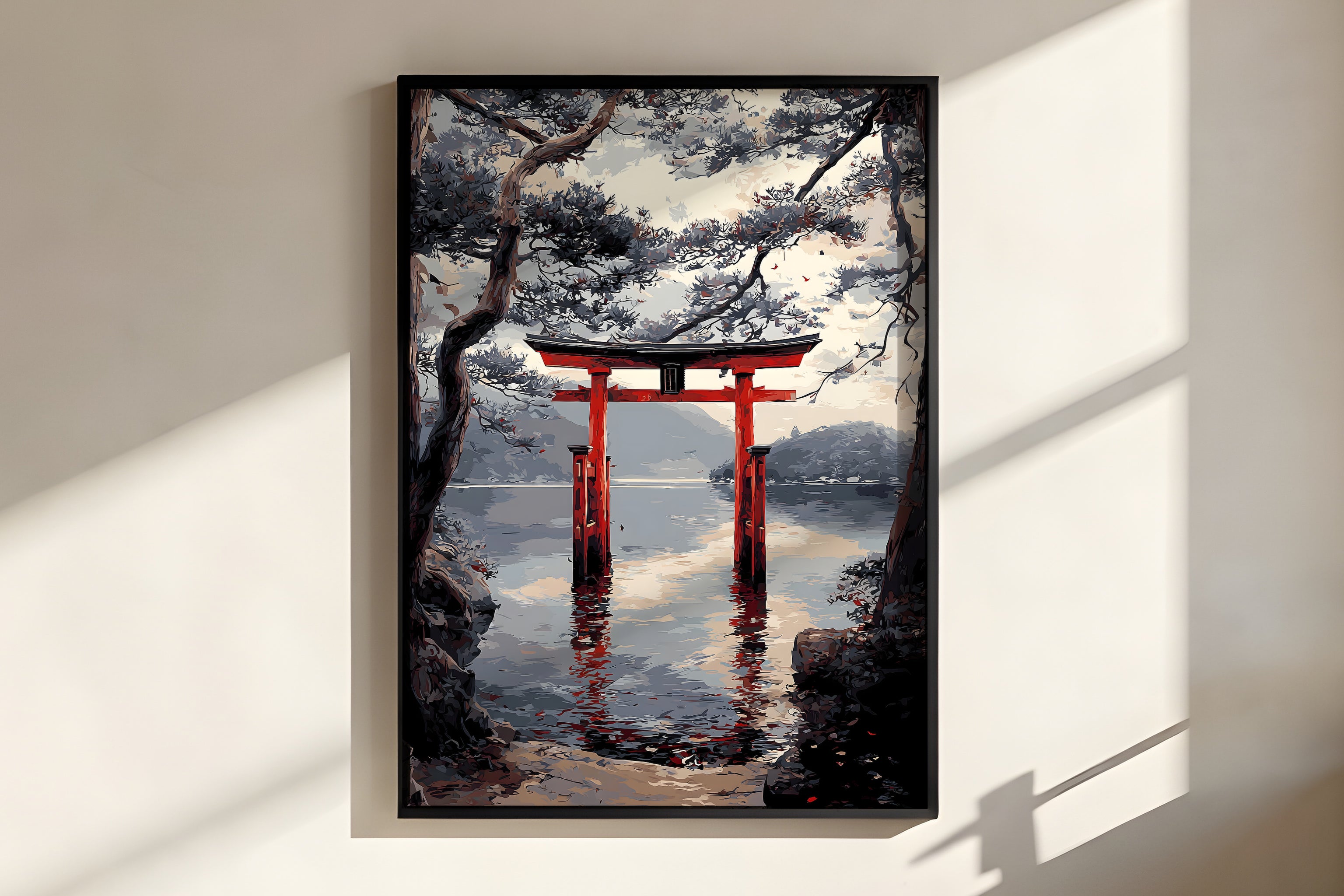 Close-up of Silent Torii Lake showing vermillion torii reflection and fallen petals on still water