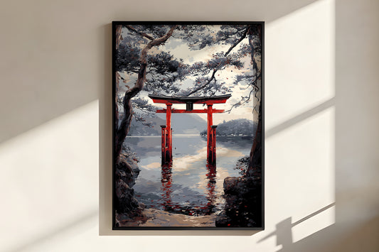 Close-up of Silent Torii Lake showing vermillion torii reflection and fallen petals on still water