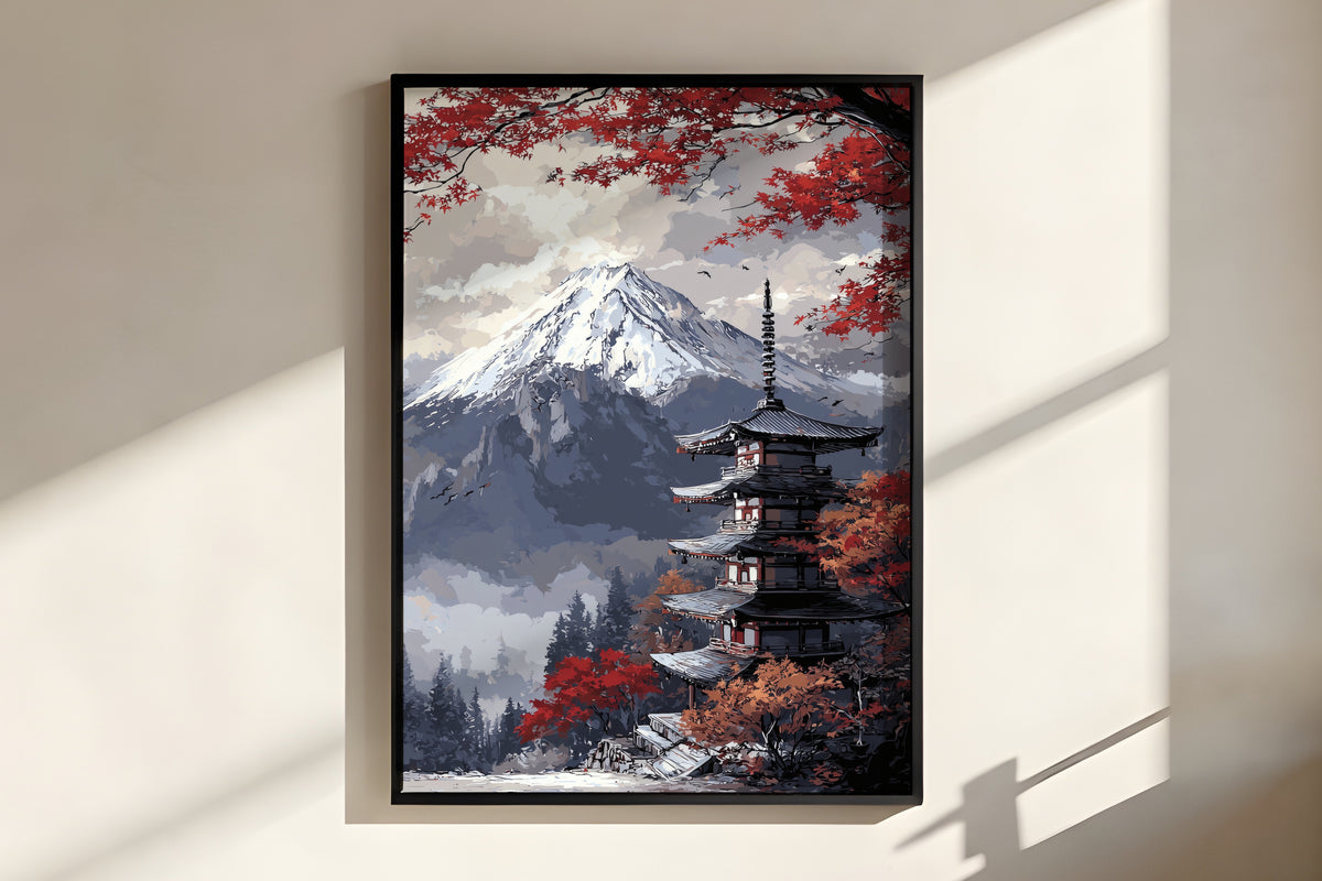 Close-up of Crimson Fuji Temple showing flat colour blocking and crimson maple branch detail