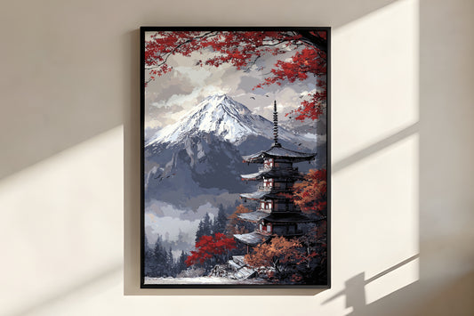 Close-up of Crimson Fuji Temple showing flat colour blocking and crimson maple branch detail