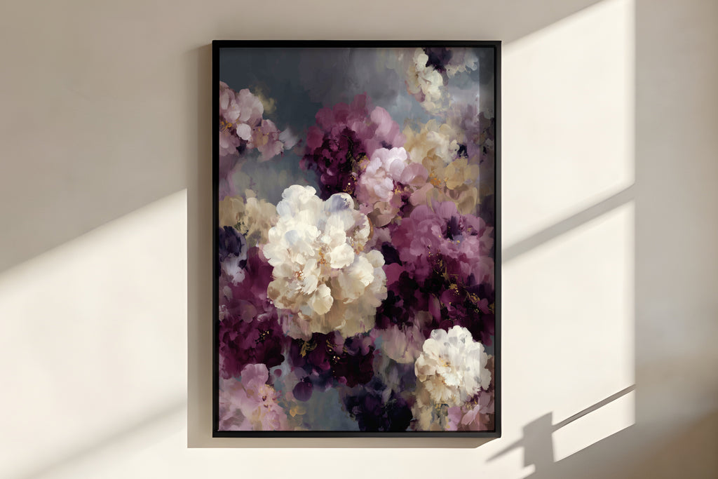 Close-up of Plum Smoke Bloom showing richly layered peony brushwork with luminous cream focal forms and deep plum and mauve surrounds on atmospheric smoke grey ground
