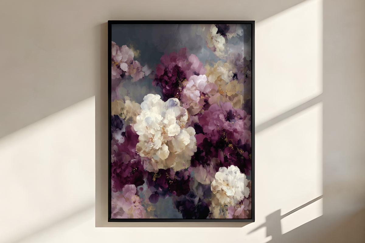 Close-up of Plum Smoke Bloom showing richly layered peony brushwork with luminous cream focal forms and deep plum and mauve surrounds on atmospheric smoke grey ground
