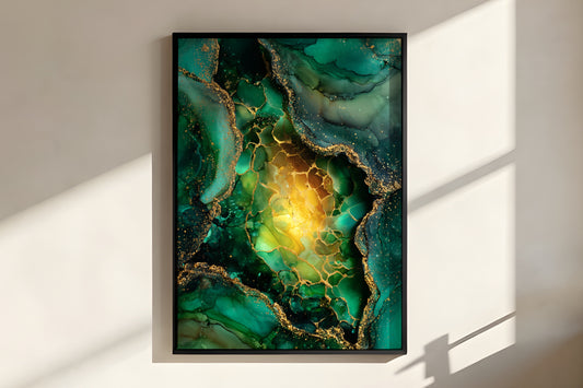 Close-up of Emerald Gold showing intricate honeycomb gold veining and warm amber glow inside the cavity