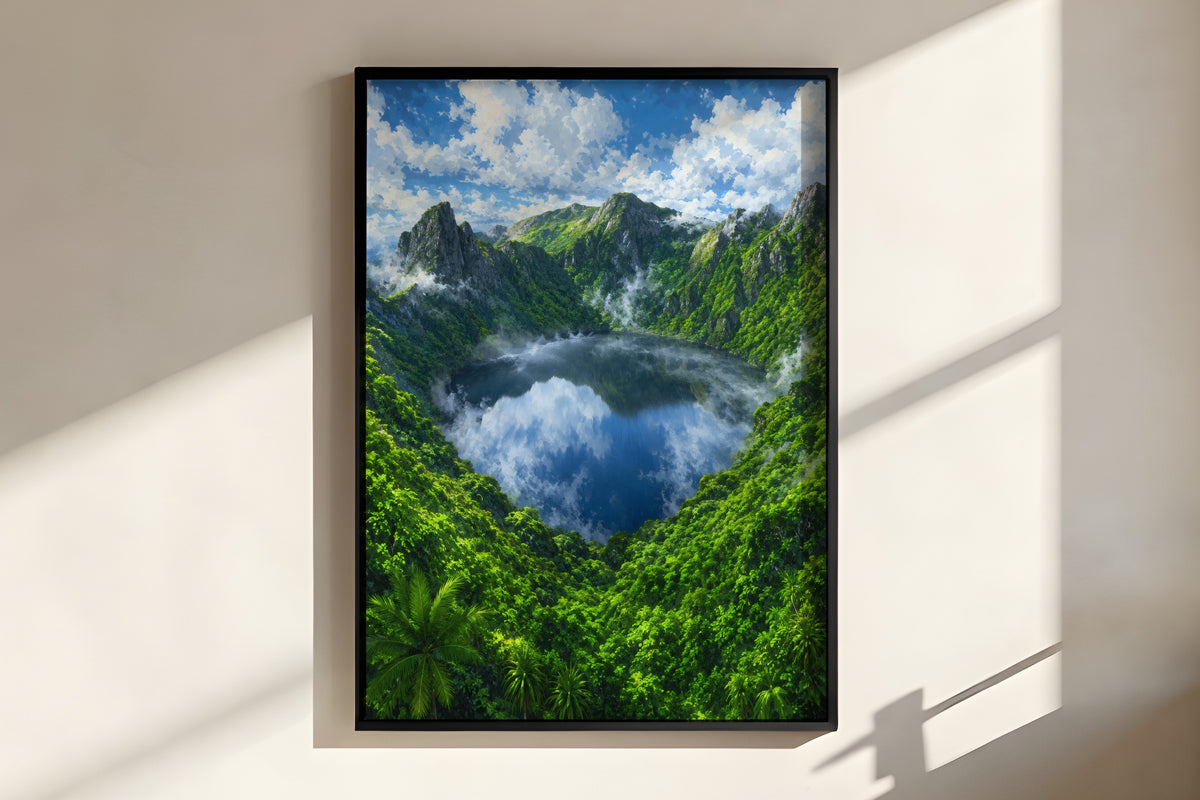 Close-up of Grand Bassin Sacred Lake showing painterly tropical forest canopy detail and sacred lake water cloud reflection