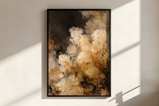 Close-up of Ivory Ochre Bloom showing expressive painterly brushwork with cream ivory flower clusters and warm amber ochre ground