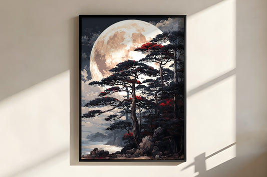 Close-up of Moon Over Pines showing intricate pine branch work against the luminous moon disc