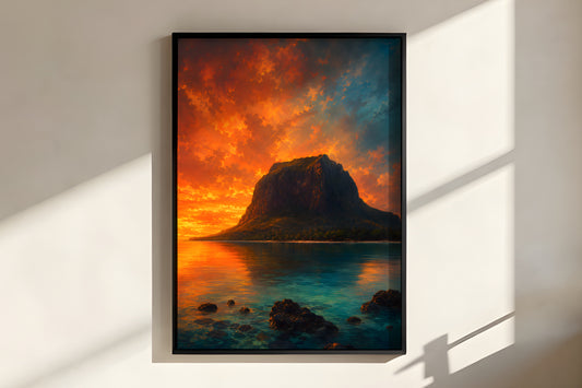 Close-up of Le Morne Dusk Fire showing fiery copper sky and dark mountain silhouette detail