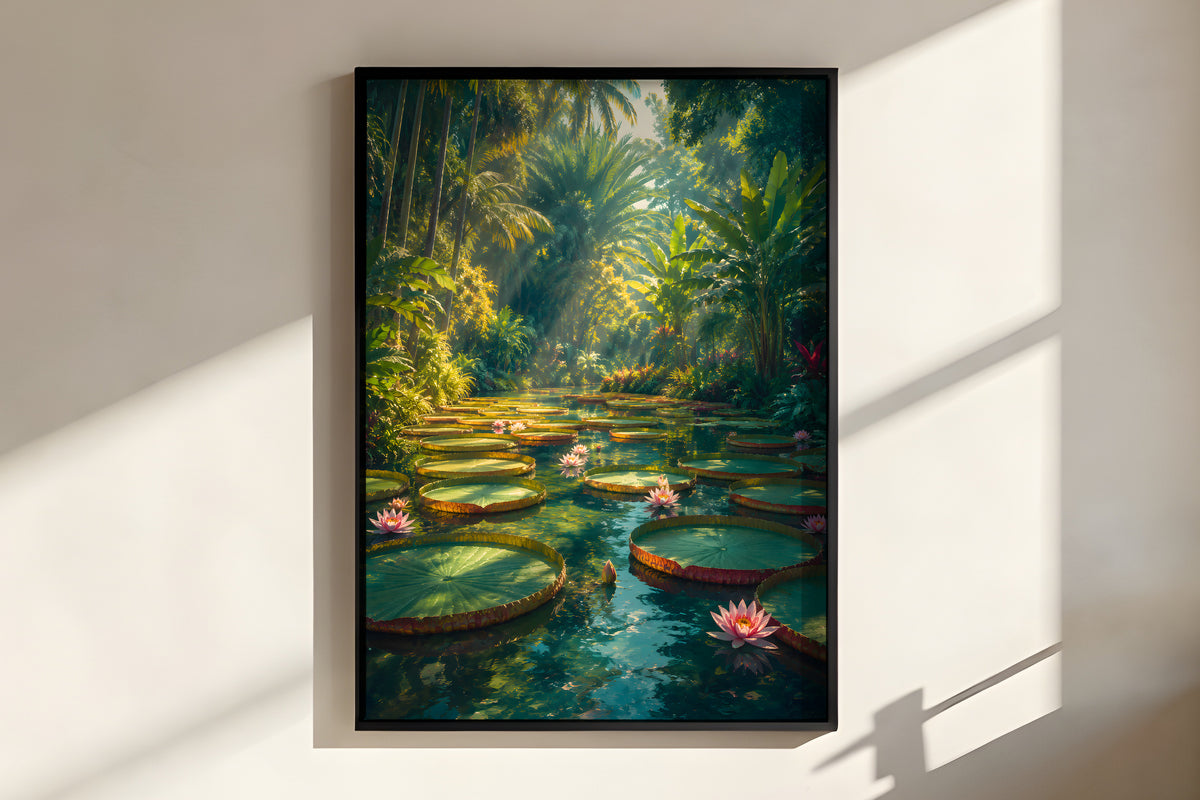 Close-up of Waterlily Allée showing giant lily pad and tropical pond detail