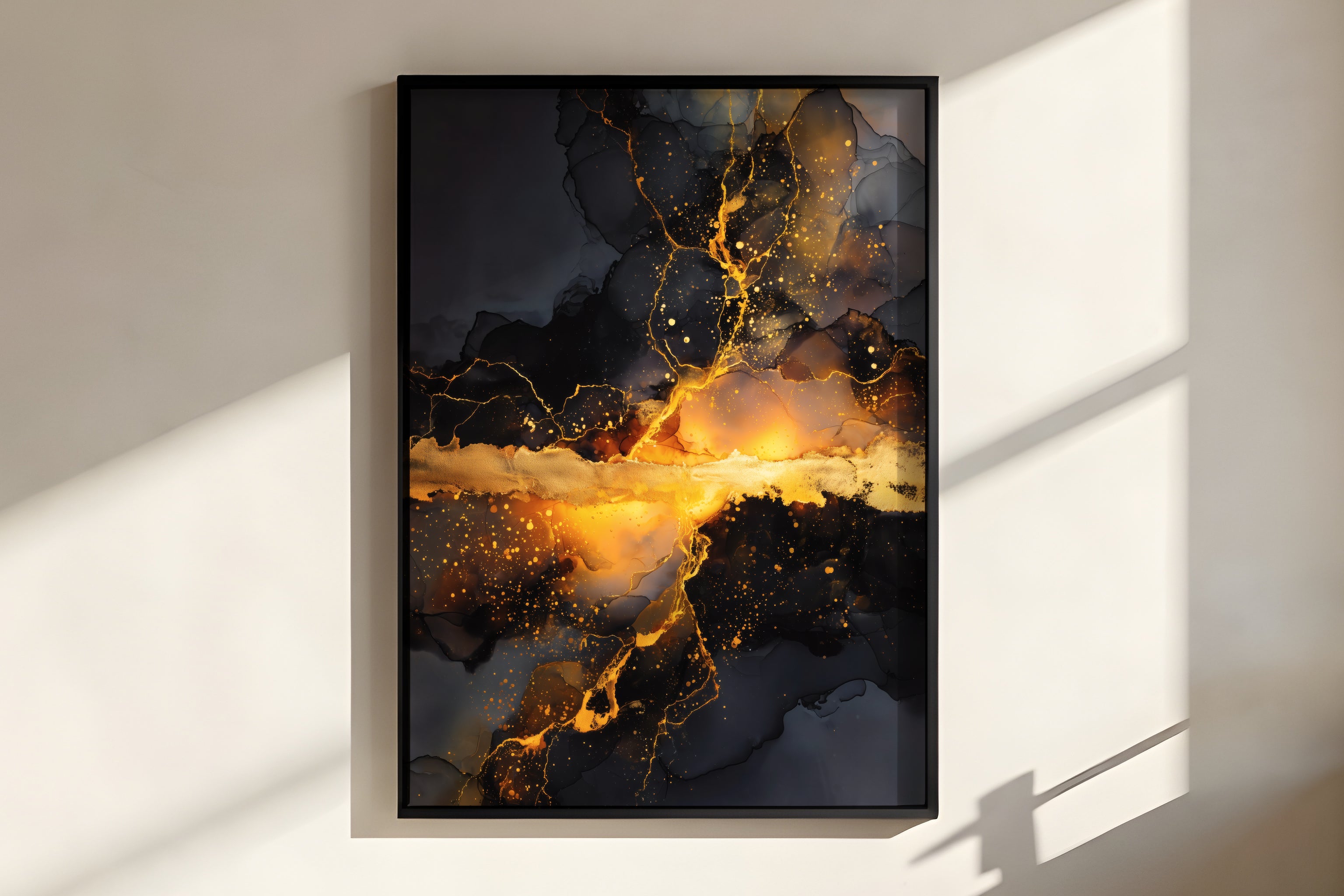 Close-up of Obsidian Gold showing molten gold river tearing through dark obsidian ink masses