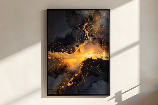 Close-up of Obsidian Gold showing molten gold river tearing through dark obsidian ink masses