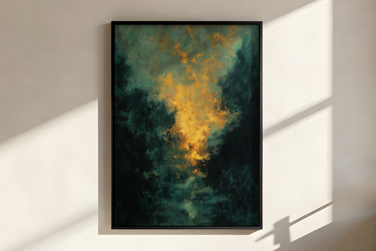 Close-up of Forest Ember Glow showing rich gestural brushwork and deep layered painterly masses