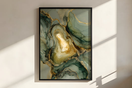 Close-up of Sage Gold showing translucent sage ink layers with antique gold geode cavity and layered amber interior