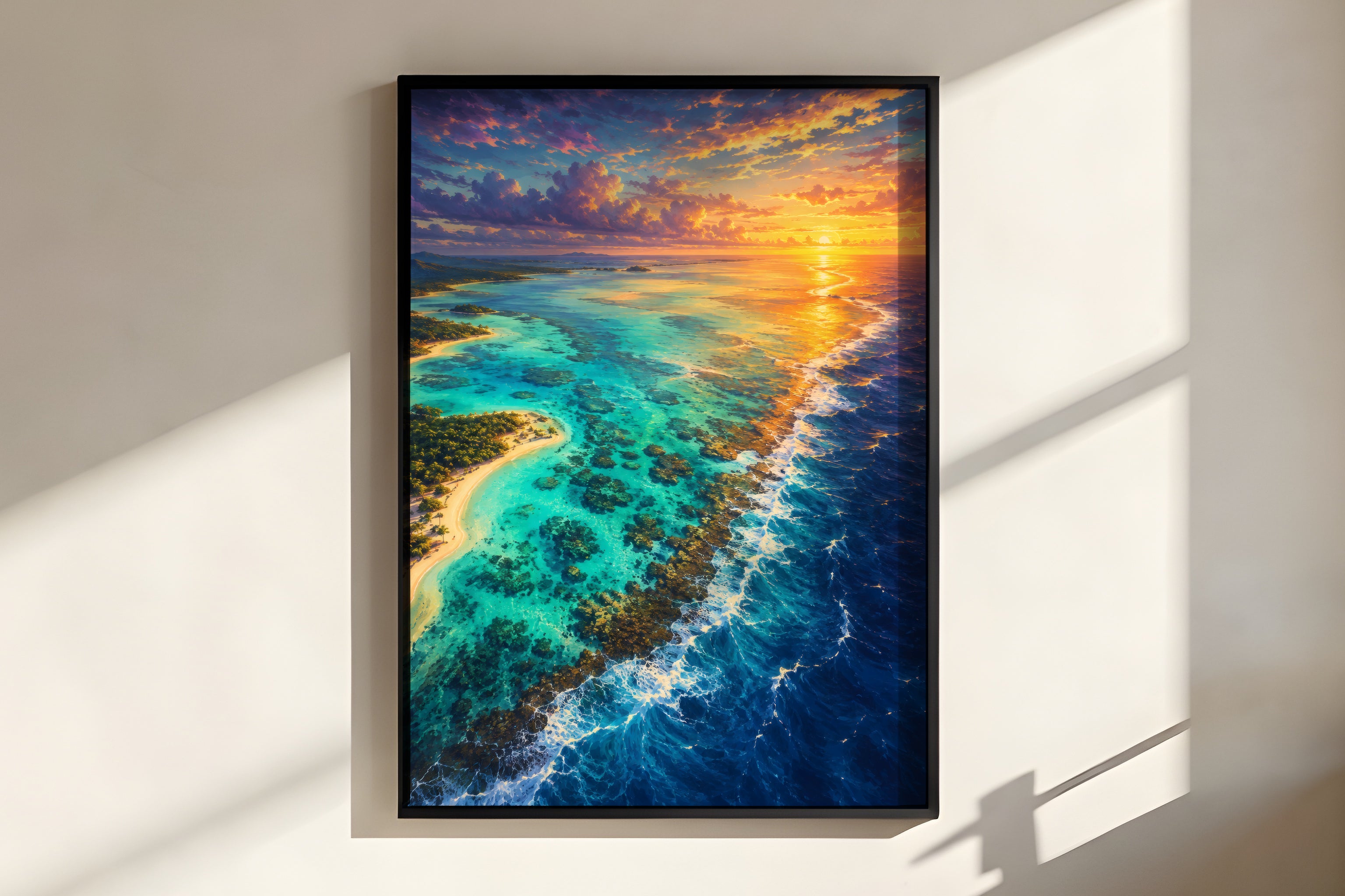 Close-up of Blue Bay Reef Dawn showing painterly coral reef pattern and turquoise lagoon water detail