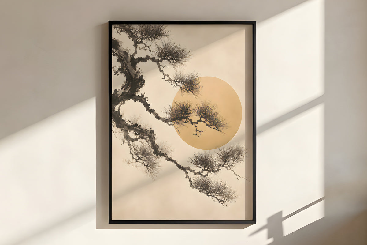 Close-up of Ivory Pine Sun Silhouette showing pine needle and ink-wash branch silhouette detail