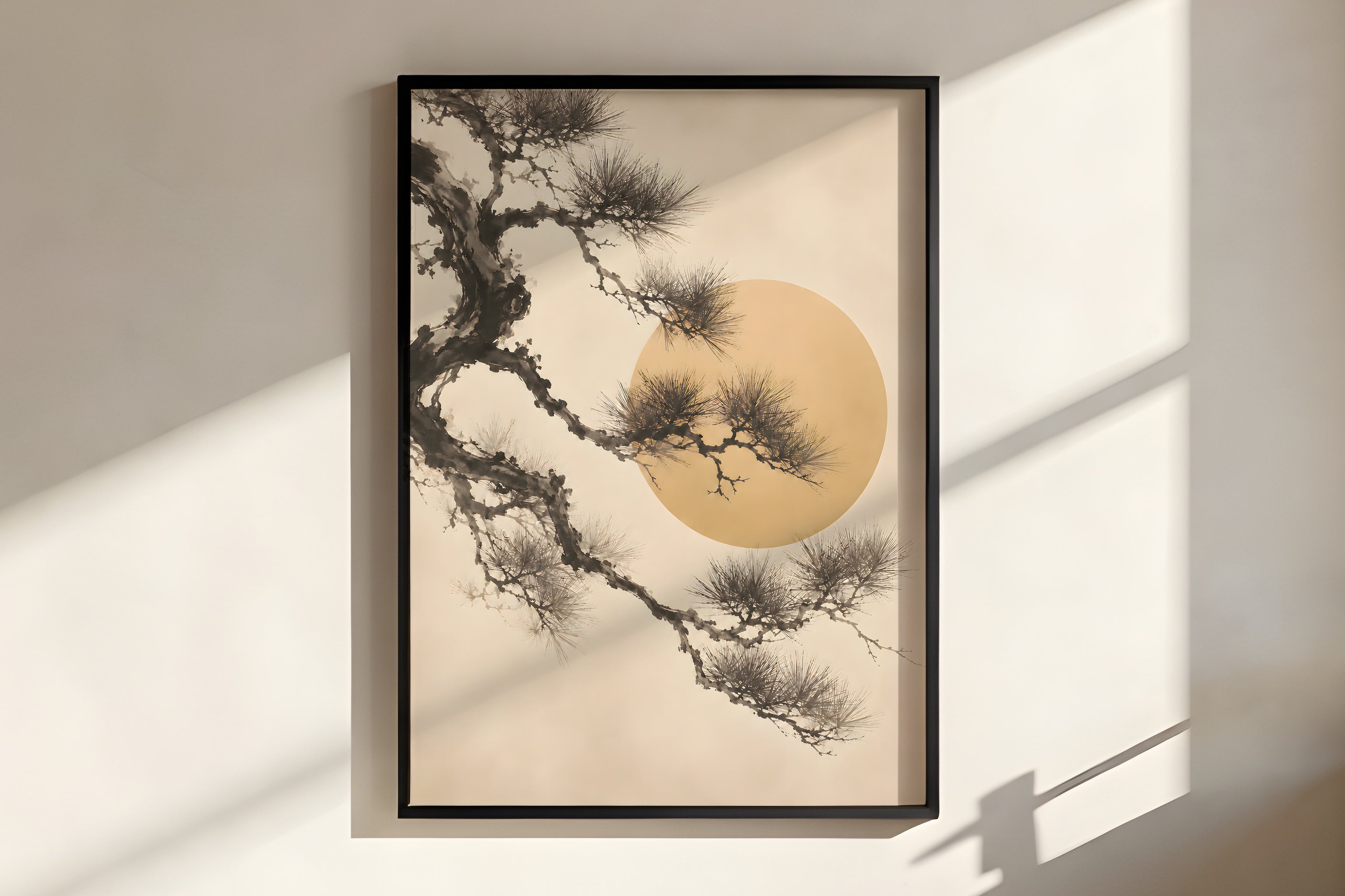 Close-up of Ivory Pine Sun Silhouette showing pine needle and ink-wash branch silhouette detail