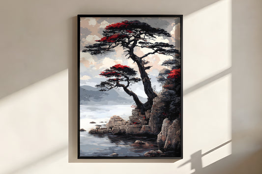 Close-up of Quiet Pine Shore showing extraordinary gnarled pine trunk detail and crimson foliage accent against cool grey-blue water