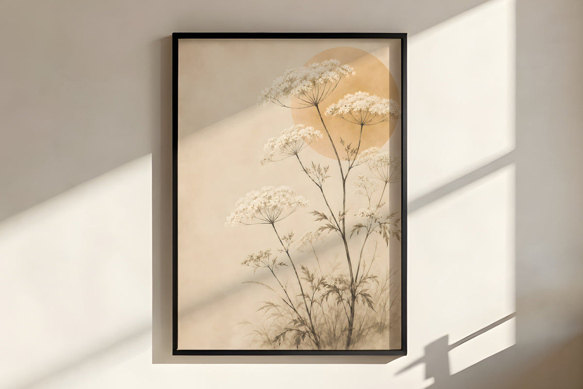 Close-up of Ivory Wild Herbs showing umbel stem and meadow herb ink-wash detail