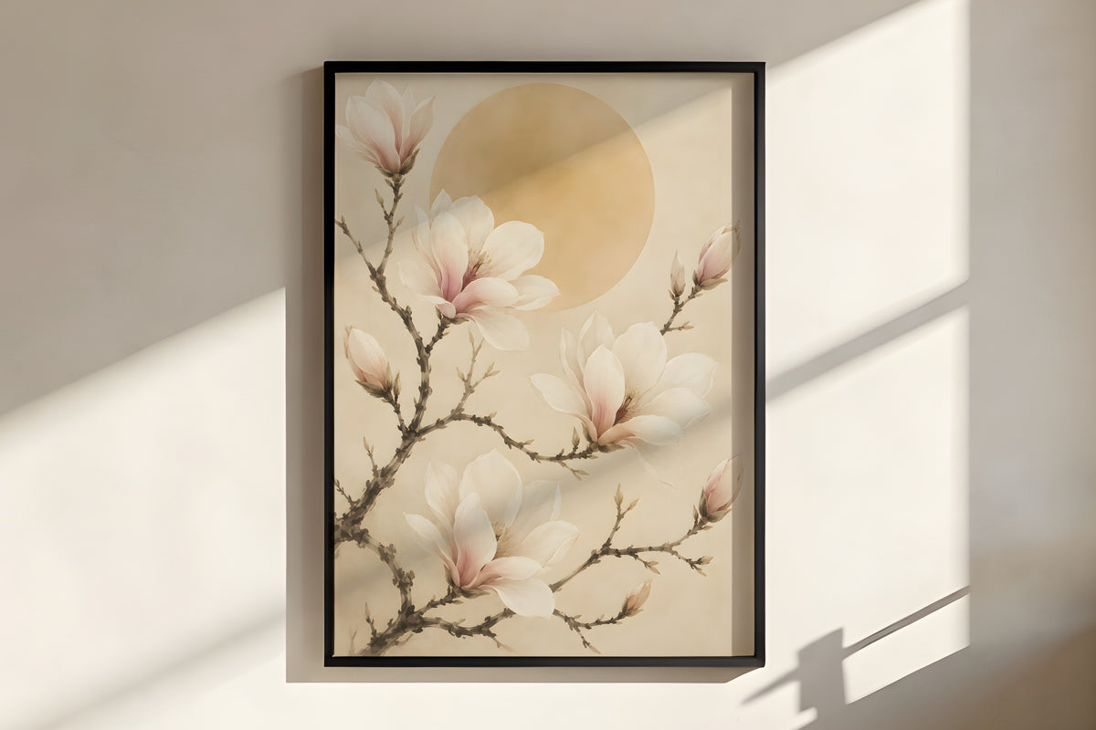 Close-up of Ivory Magnolia Branch showing magnolia petal detail and dark ink-wash branch texture