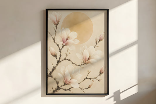 Close-up of Ivory Magnolia Branch showing magnolia petal detail and dark ink-wash branch texture