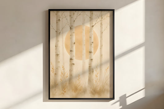 Close-up of Ivory Birch Forest showing pale birch bark ink-wash detail and soft mist texture