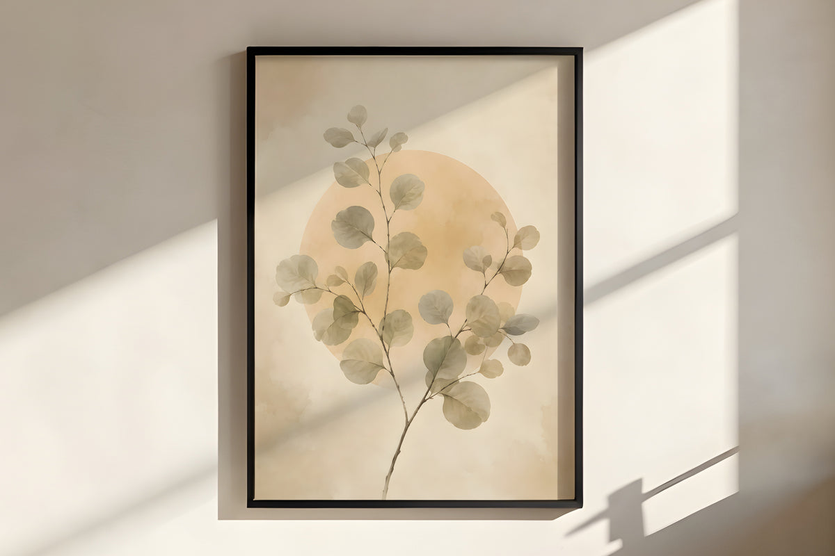 Close-up of Ivory Eucalyptus Balance showing eucalyptus leaf detail and muted sage-grey palette