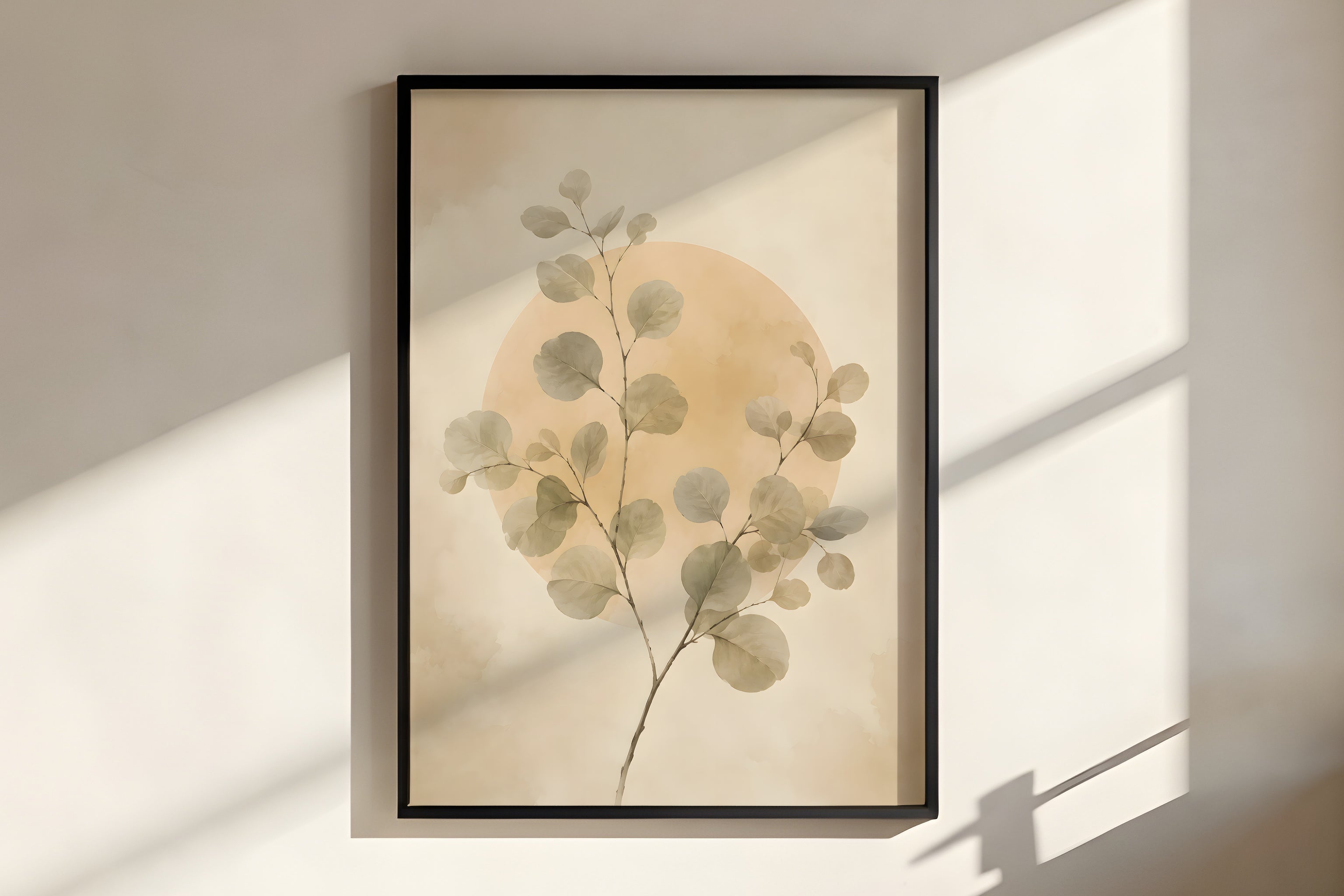Close-up of Ivory Eucalyptus Balance showing eucalyptus leaf detail and muted sage-grey palette