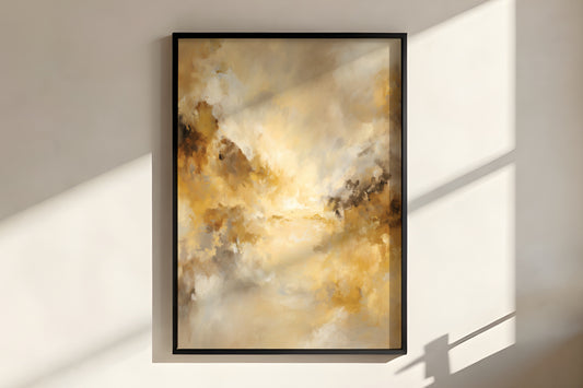 Close-up of Dune Gold Veil showing layered gestural brushwork in warm sand and ochre tones