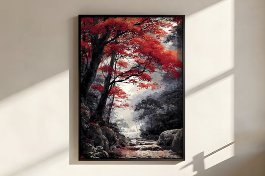 Close-up of Maple Stone Path showing crimson maple branch structure and pale misty forest opening
