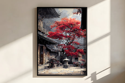 Close-up of Crimson Courtyard Light showing exquisite crimson maple branch structure and stone lantern detail