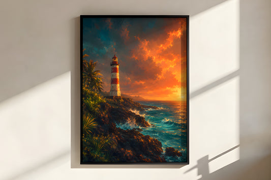 Close-up of Albion Lighthouse showing lighthouse tower and warm sunset coastline detail