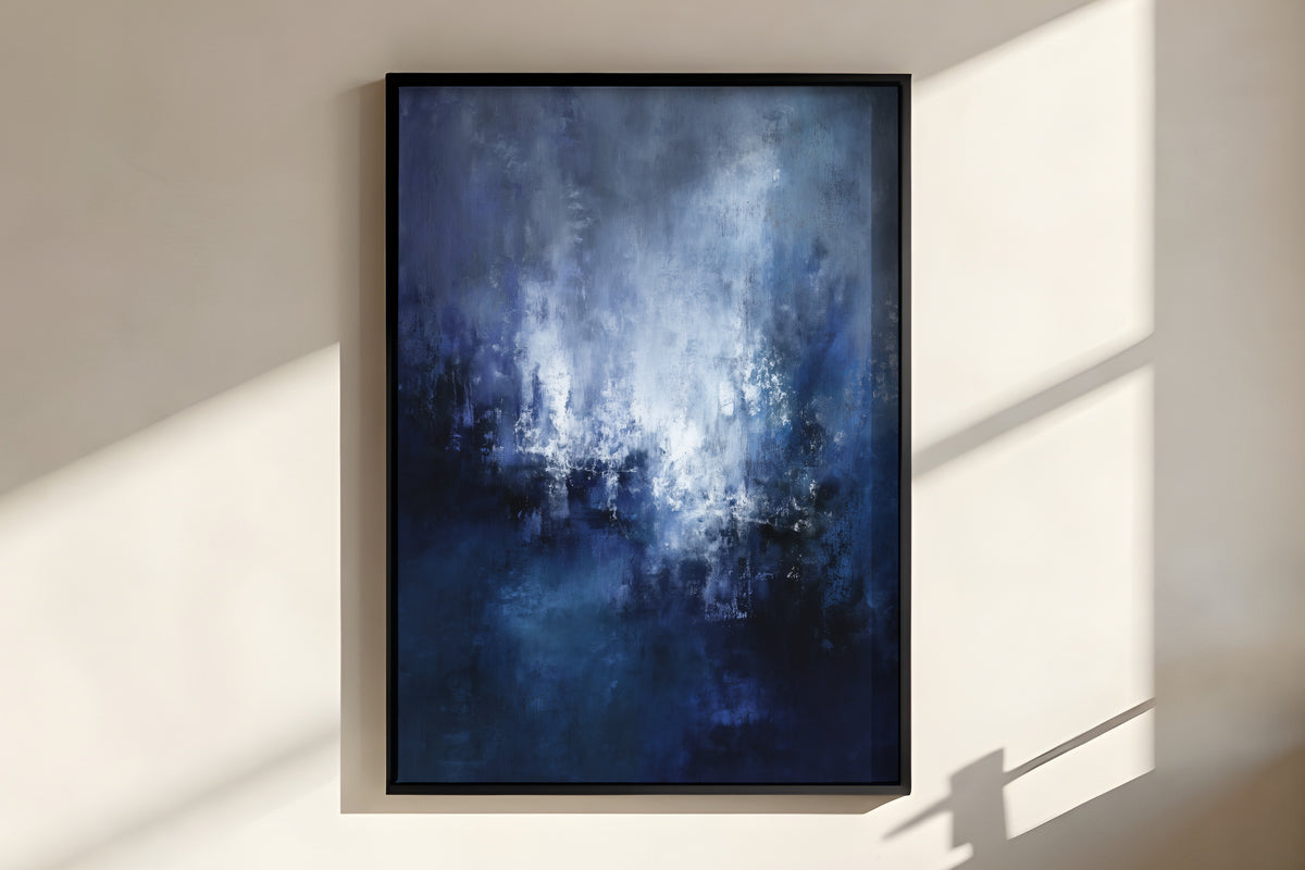 Close-up of Midnight Silver Veil showing rich layered painterly texture with rising silver-white light column and deep midnight navy palette