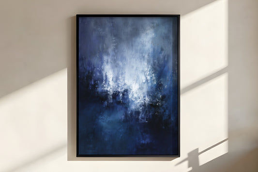 Close-up of Midnight Silver Veil showing rich layered painterly texture with rising silver-white light column and deep midnight navy palette