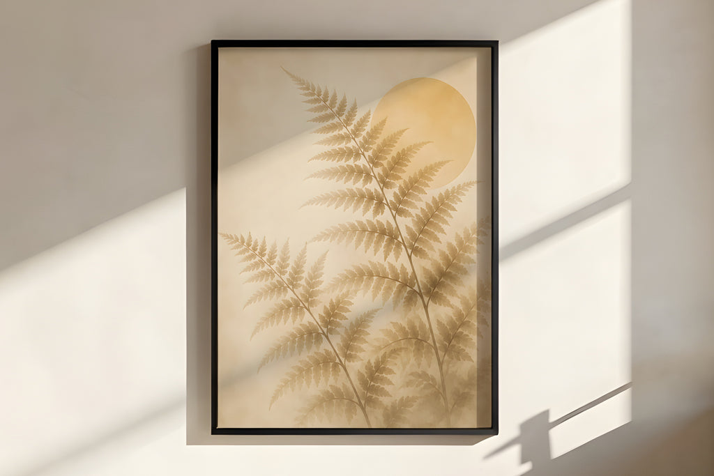 Close-up of Ivory Fern Frond showing fern frond ink-wash detail and warm amber palette
