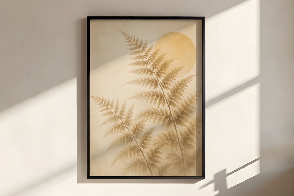 Close-up of Ivory Fern Frond showing fern frond ink-wash detail and warm amber palette