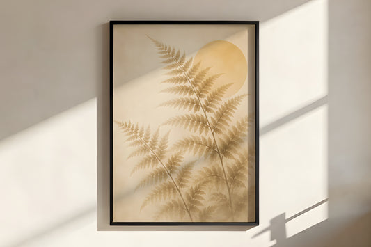 Close-up of Ivory Fern Frond showing fern frond ink-wash detail and warm amber palette