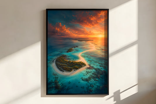 Close-up of Île aux Cerfs showing turquoise lagoon and sandbar detail in warm sunset light