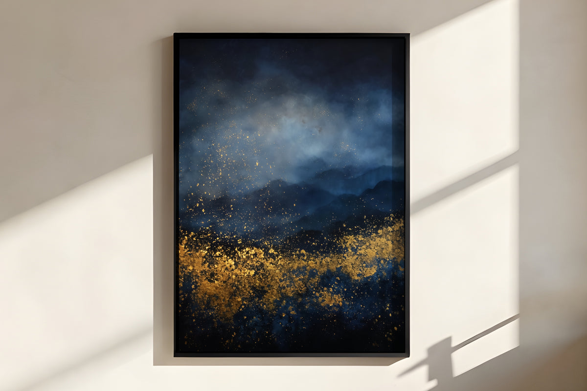 Close-up of Navy Gold Drift showing burnished gold foil fragments and painterly atmospheric cloudscape depth