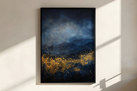 Close-up of Navy Gold Drift showing burnished gold foil fragments and painterly atmospheric cloudscape depth
