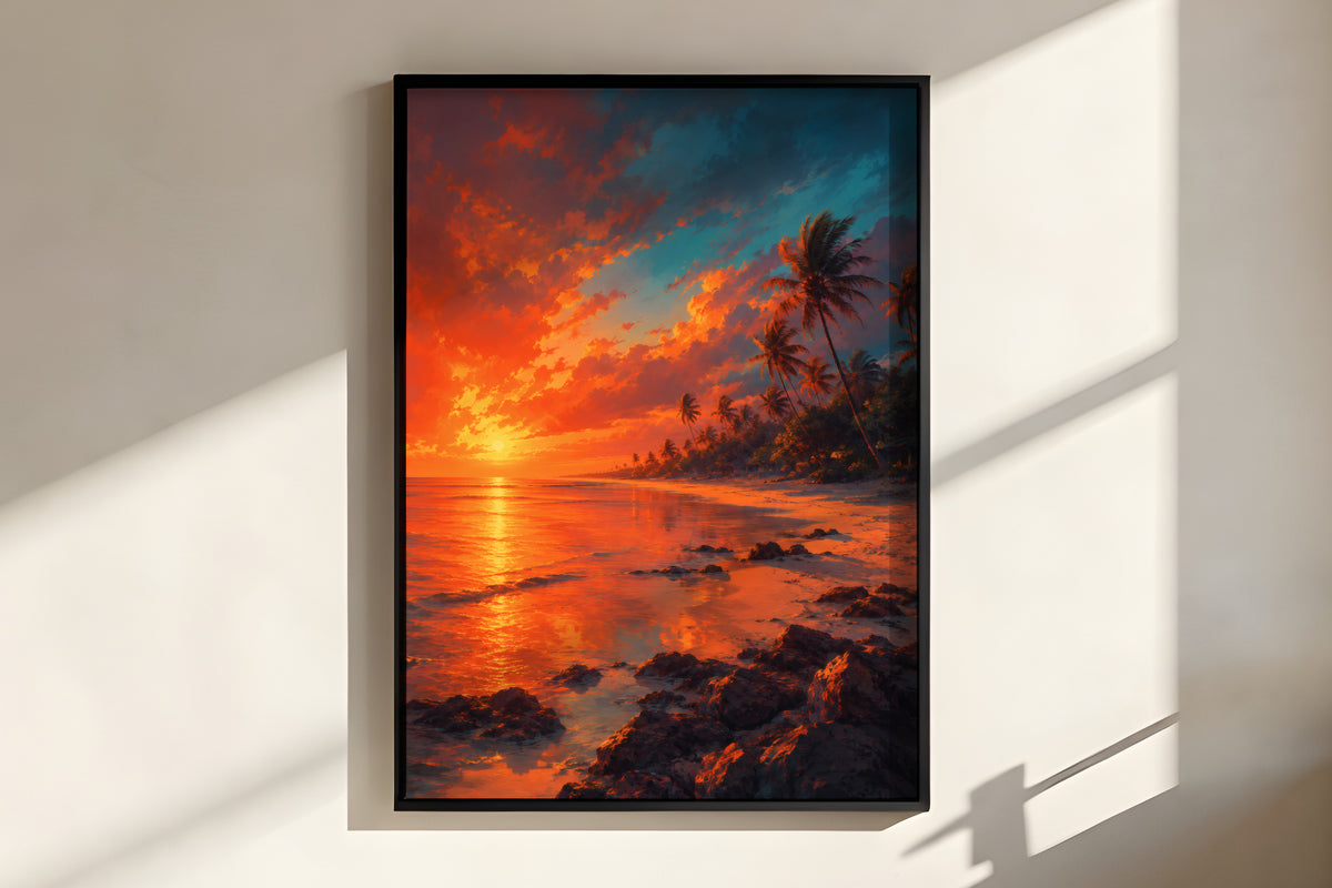 Close-up of Flic en Flac Dusk Fire showing palm silhouette and crimson dusk sky detail