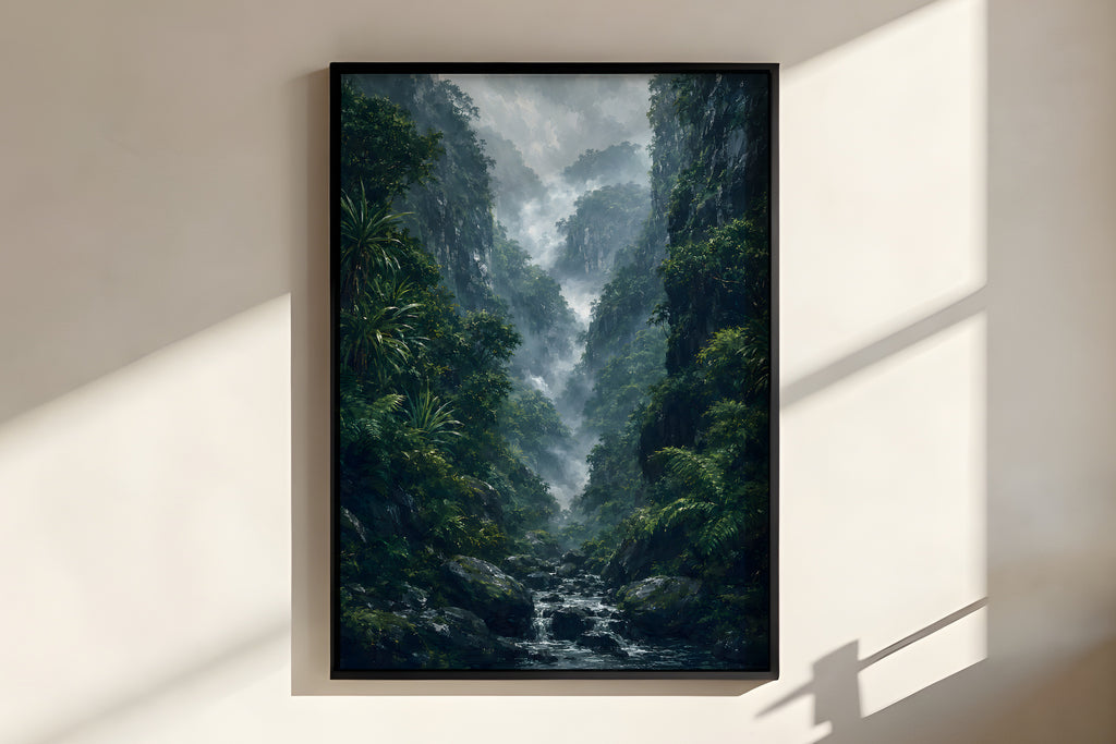 Close-up of Black River Gorges Mist showing dark basalt cliff and misty rainforest foliage detail