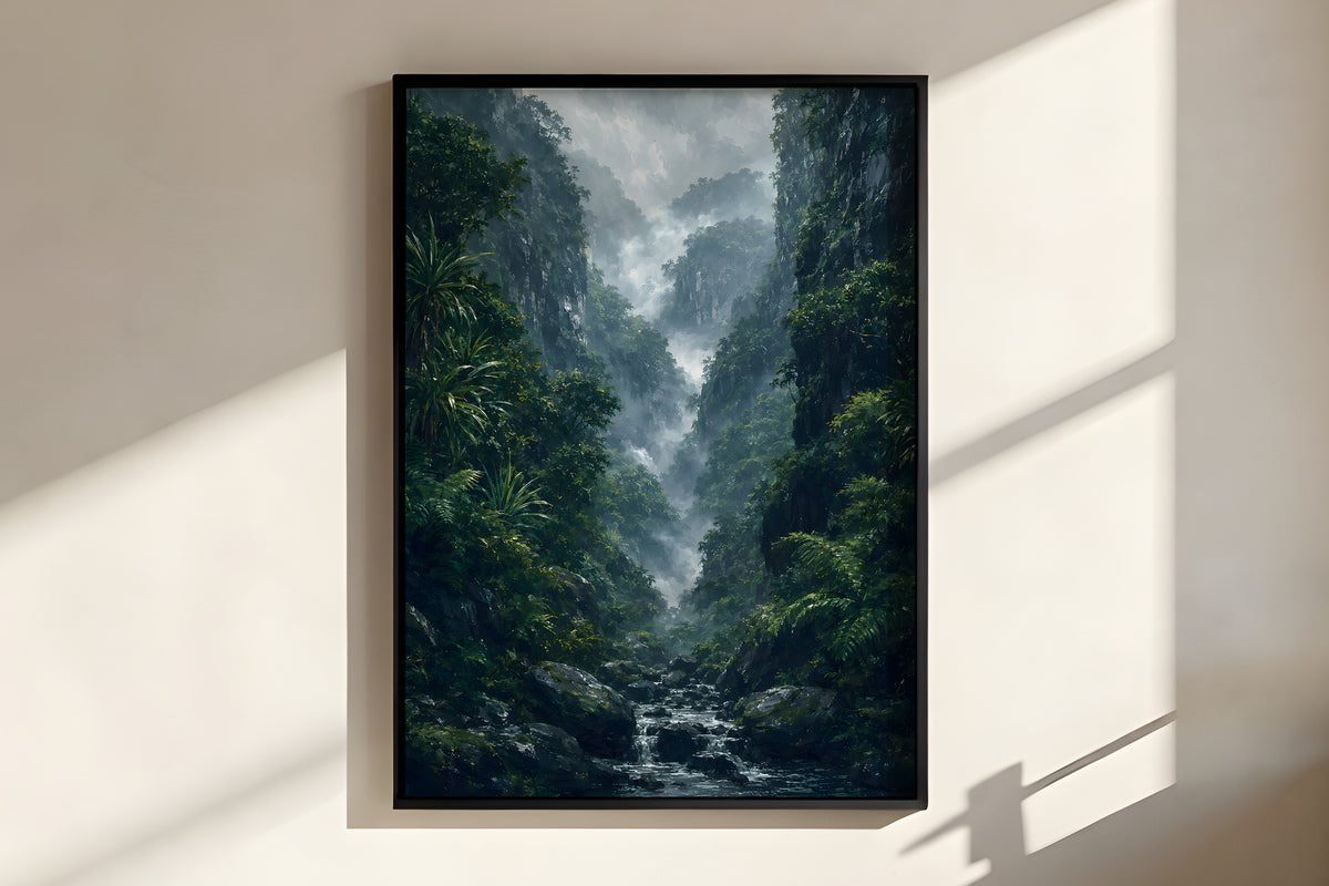 Close-up of Black River Gorges Mist showing dark basalt cliff and misty rainforest foliage detail