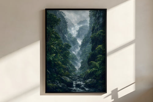 Close-up of Black River Gorges Mist showing dark basalt cliff and misty rainforest foliage detail