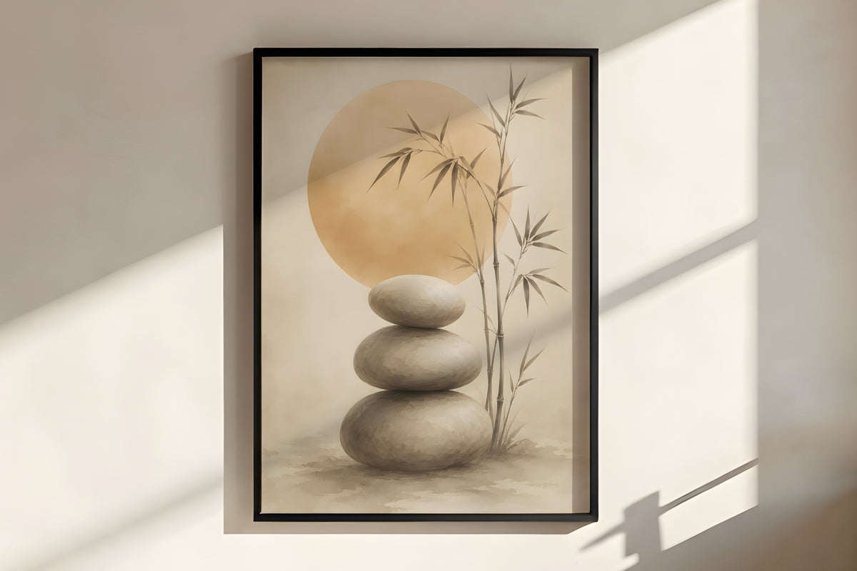 Close-up of Ivory Stone Balance showing stacked stone texture and ink-wash bamboo detail