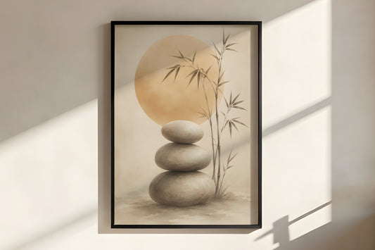 Close-up of Ivory Stone Balance showing stacked stone texture and ink-wash bamboo detail