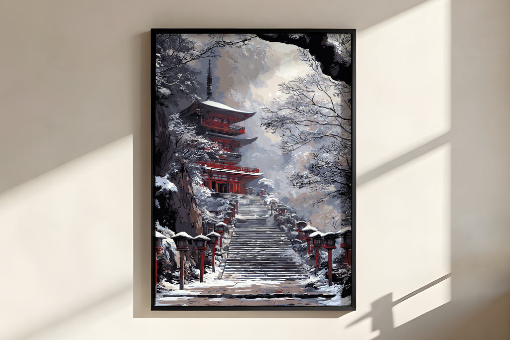 Close-up of Snow Pagoda Ascent showing flat colour blocking and snow-capped stone lanterns on red posts