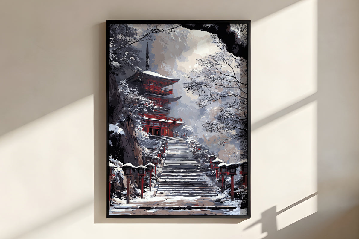 Close-up of Snow Pagoda Ascent showing flat colour blocking and snow-capped stone lanterns on red posts